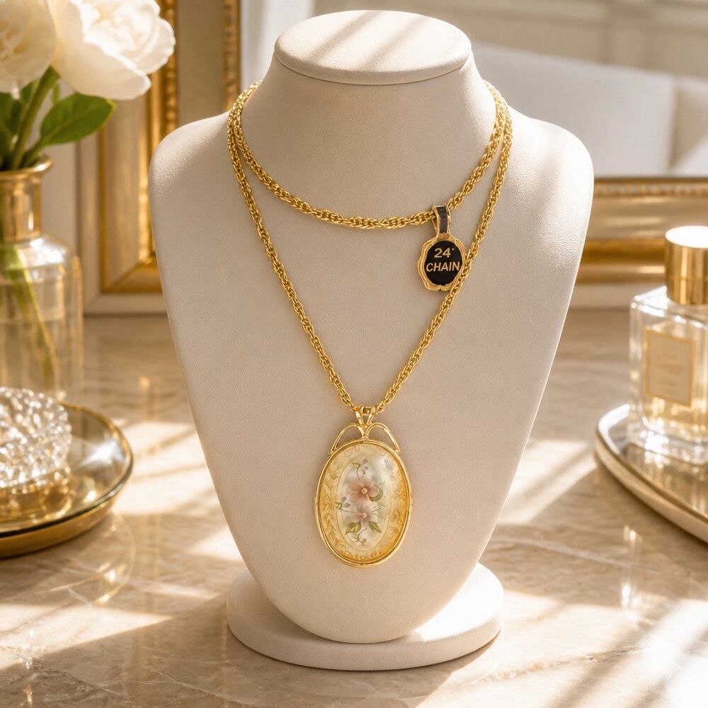 Vintage Glamour Find • NOS Gilded Floral Cameo Pendant Necklace ✨